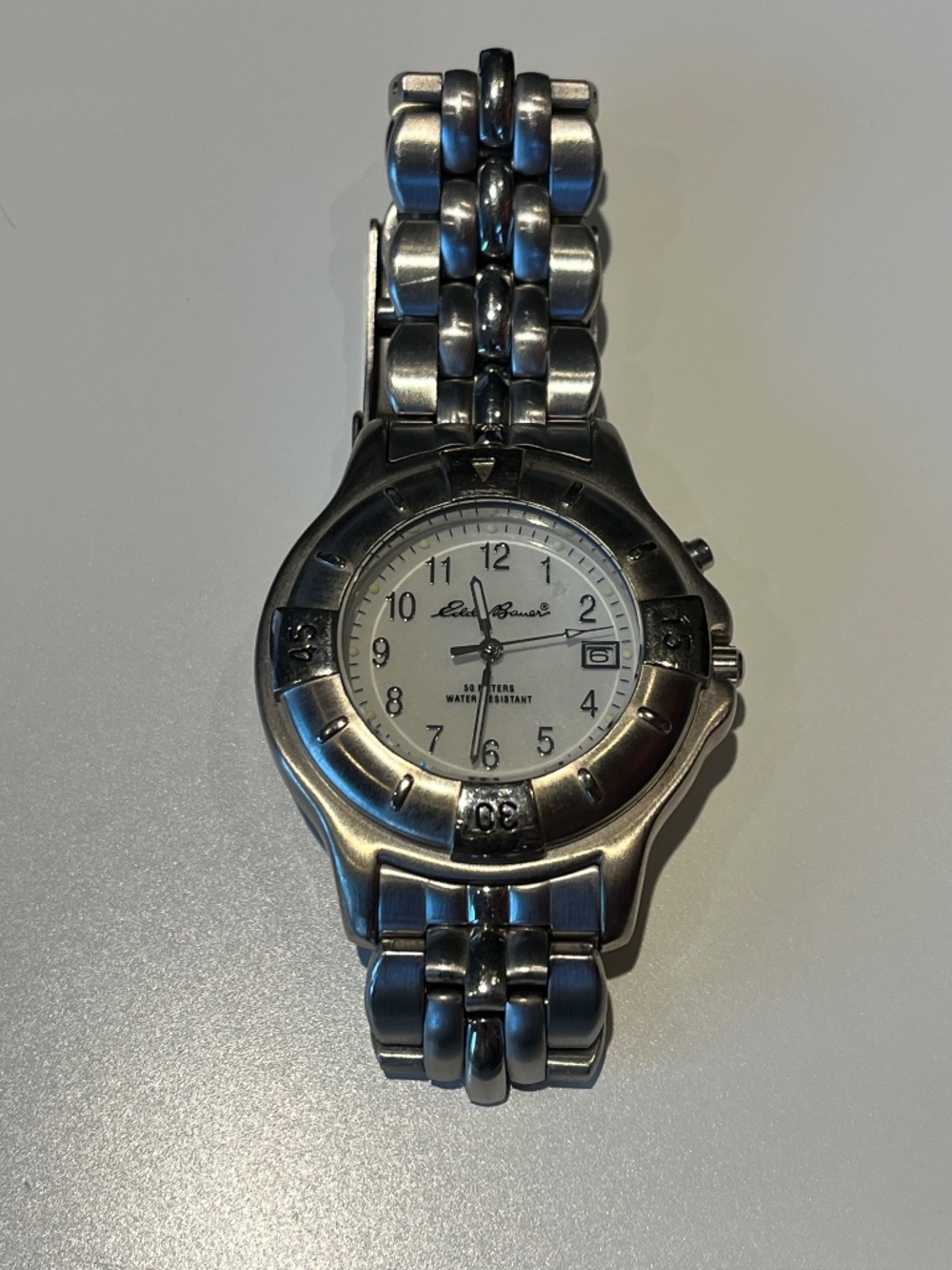 Vtg Eddie Bauer Watch Men 36mm Silver Tone Date Backlight